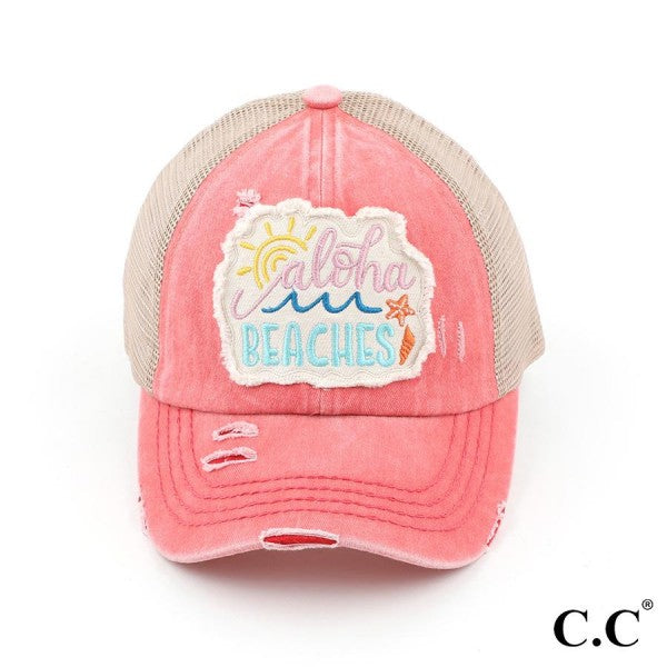 C.C Distressed Embroidered Aloha Beaches Criss Cross Pony Cap-Hats-Lagniappe Junk 