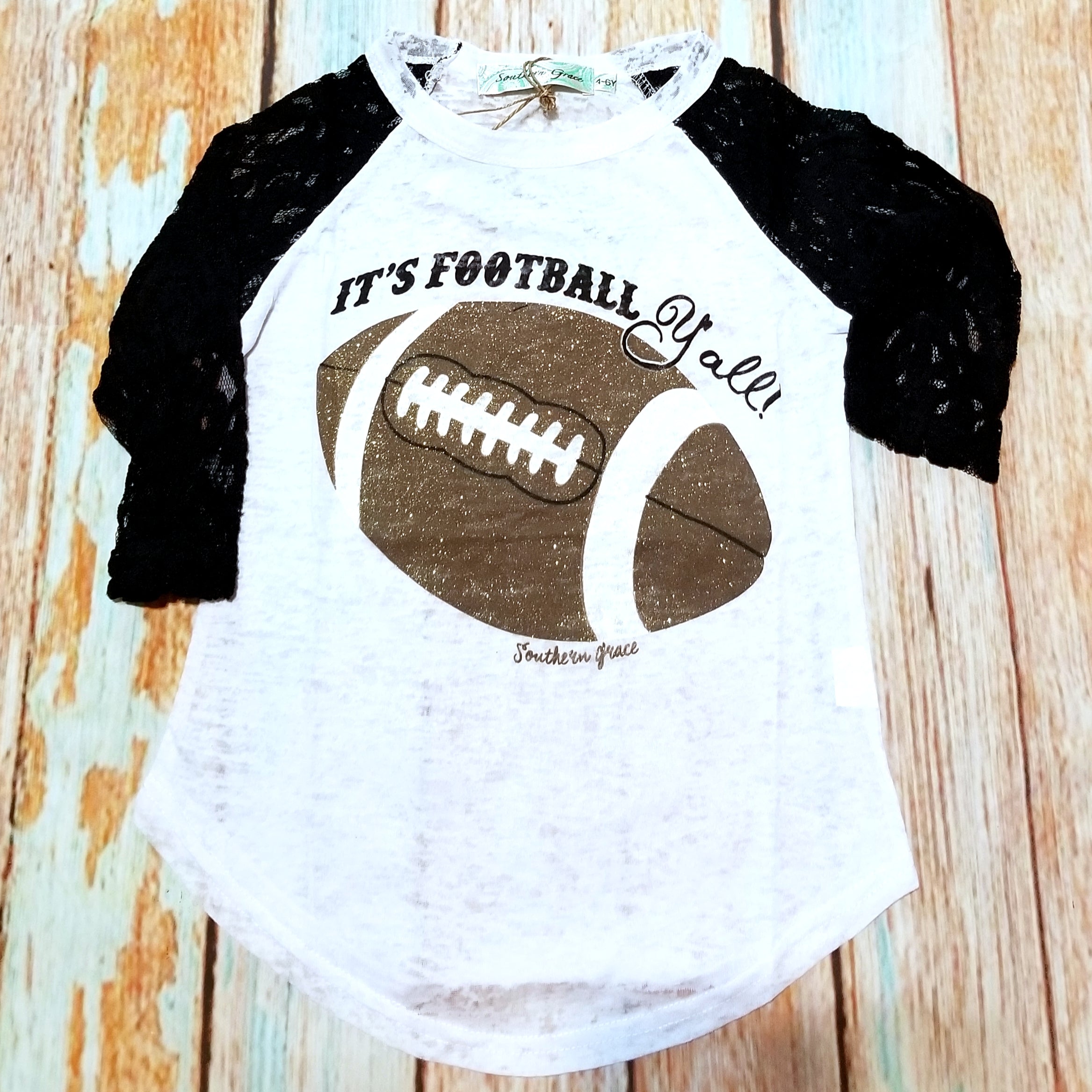 Its Football Y'all White Burnout with Black Sleeve Raglan-Tops-Lagniappe Junk 