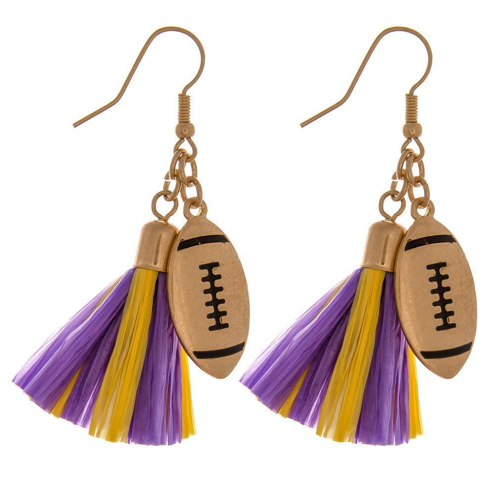 LSU Purple / Yellow Raffia Football Earrings-Earrings-Lagniappe Junk 