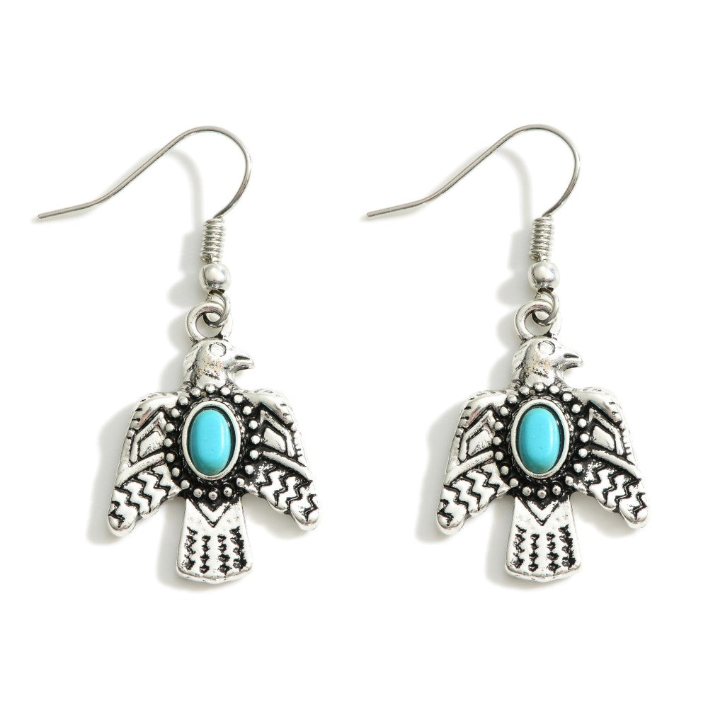 Engraved Eagle Earrings Featuring Turquoise Accents - Southwestern Earrings-earrings-Lagniappe Junk 