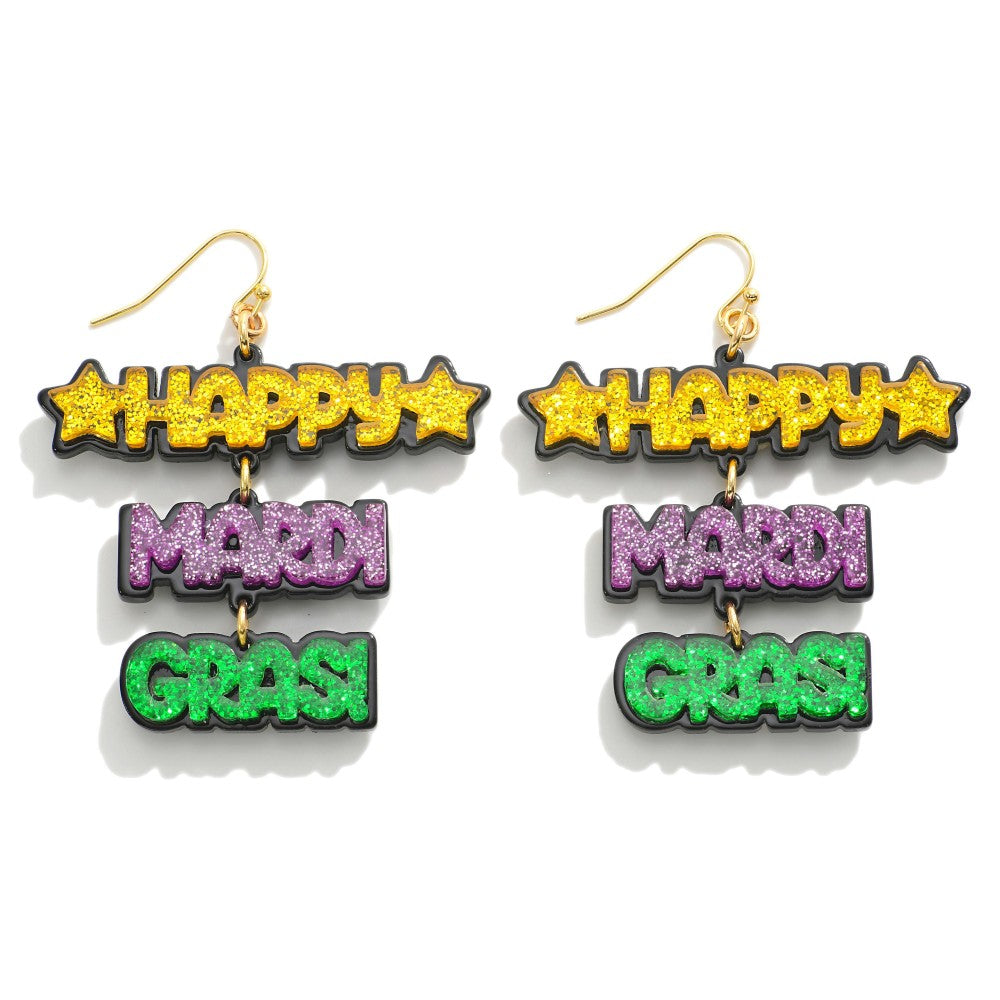 'Happy Mardi Gras!' Glitter Drop Earrings-Lagniappe Junk 