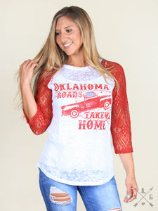 Oklahoma Roads Take Me Home Red Lace Sleeve Raglan-Tops-Lagniappe Junk 