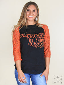 Oklahoma Cowboys Orange and Black Lace Sleeve Raglan-Tops-Lagniappe Junk 