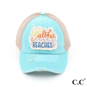 C.C Distressed Embroidered Aloha Beaches Criss Cross Pony Cap-Hats-Lagniappe Junk 