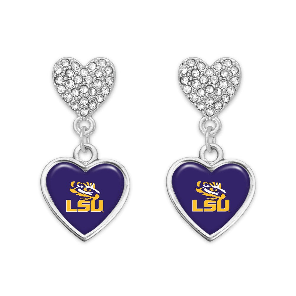 LSU Rhinestone Heart Earrings - Louisiana State University Jewelry-Lagniappe Junk 