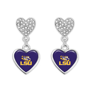 LSU Rhinestone Heart Earrings - Louisiana State University Jewelry-Lagniappe Junk 