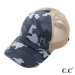 Load image into Gallery viewer, C.C. Camouflage Distressed Crisscross High Ponytail Cap-Ponytail Cap-Lagniappe Junk 
