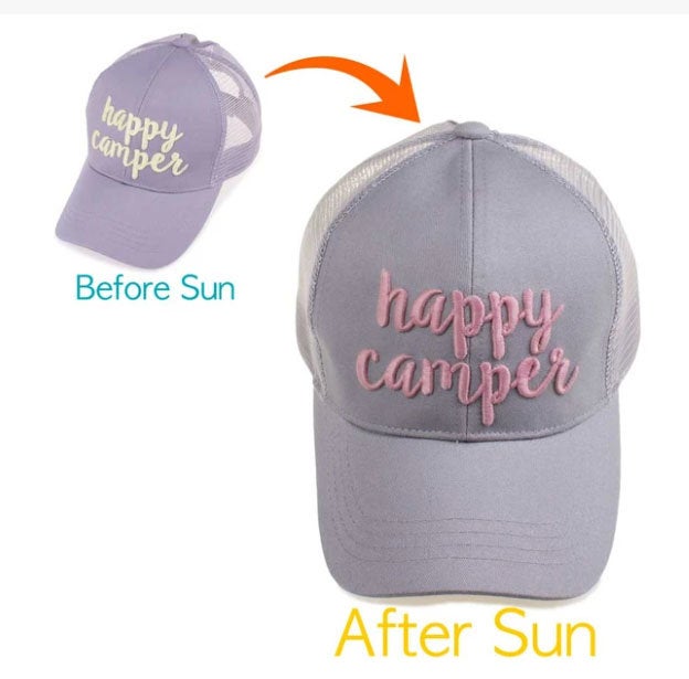 Happy Camper - Color Changing - Embroidered Mesh Back CC high Ponytail Baseball Cap-Lagniappe Junk 